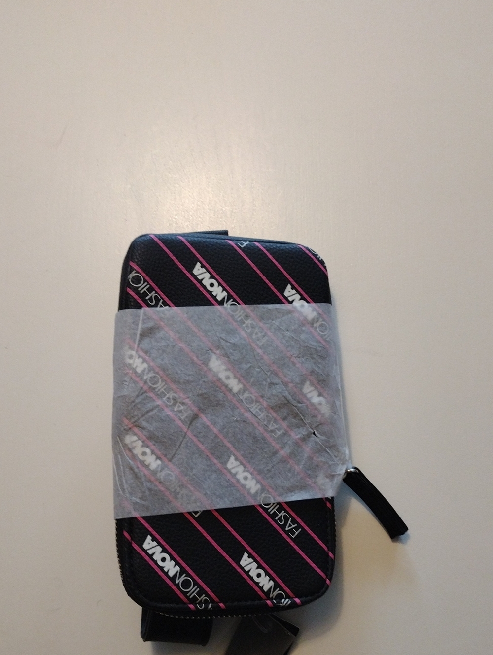Fashion Nova Black Crossbody Bag with Pink Stripes and Logo